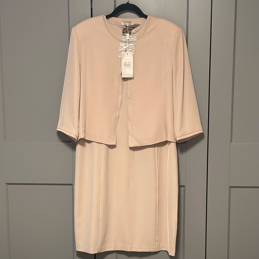 Cannella Beige Sheath Dress Jacket Set Layered 2pc EU 48 50 Italy MOB Office NWT